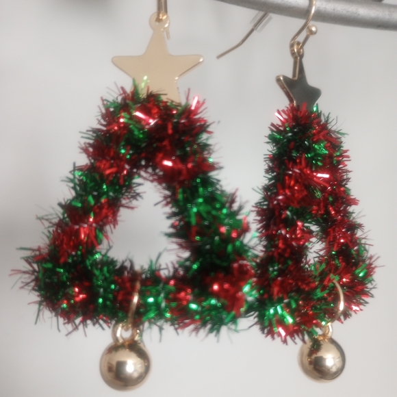 Christmas Tree Tinsel Earrings - Picture 2 of 4
